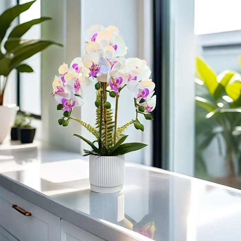 Touch-Sensitive Artificial Phalaenopsis Orchid – 3-Bloom Potted Plant (Purple, 50cm)