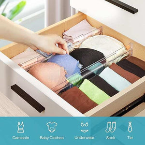 Drawer Dividers are clear adjustable acrylic panels separating bras, socks and underwear into organised drawer sections.