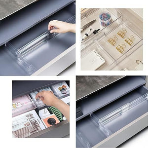 Drawer Dividers are clear acrylic adjustable organisers with expandable rails, creating neat compartments inside drawers