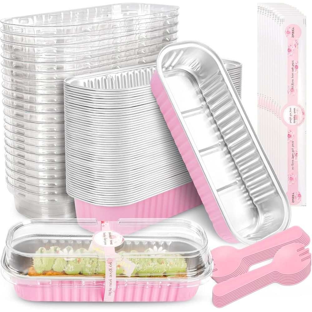 Mini Rectangular Foil Cake Pans with Lids & Spoons – 50 Pack