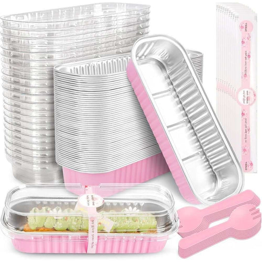 Mini Rectangular Foil Cake Pans with Lids & Spoons – 50 Pack