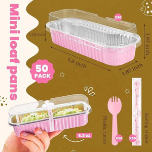 Mini Rectangular Foil Cake Pans with Lids & Spoons – 50 Pack
