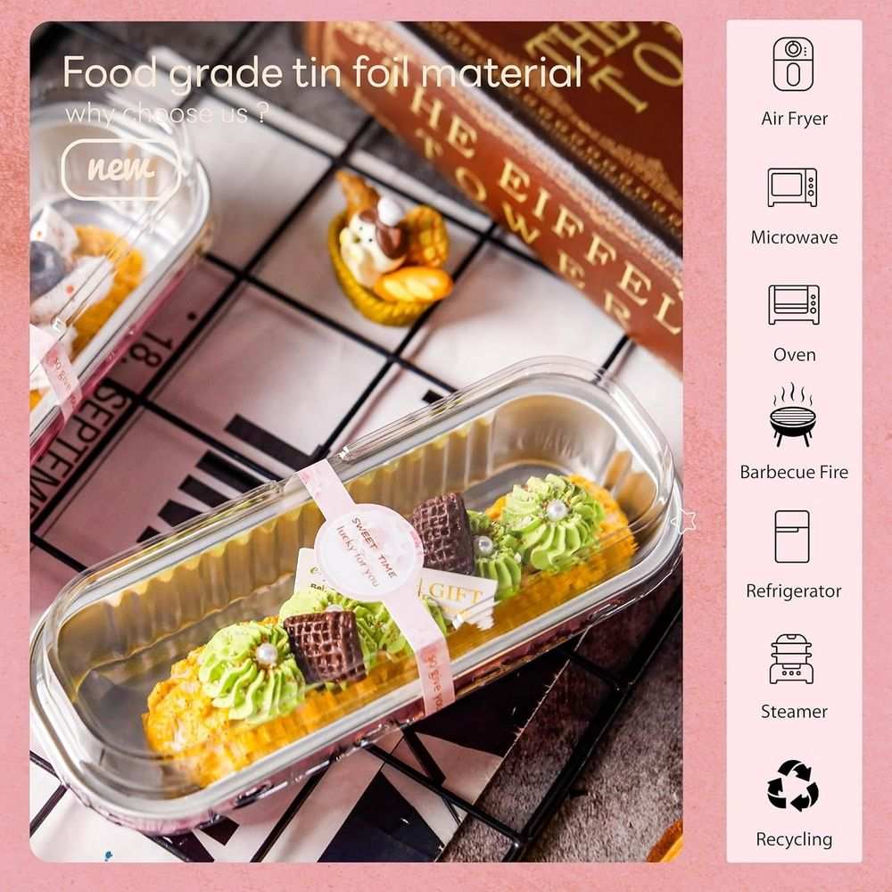 Mini Rectangular Foil Cake Pans with Lids & Spoons – 50 Pack
