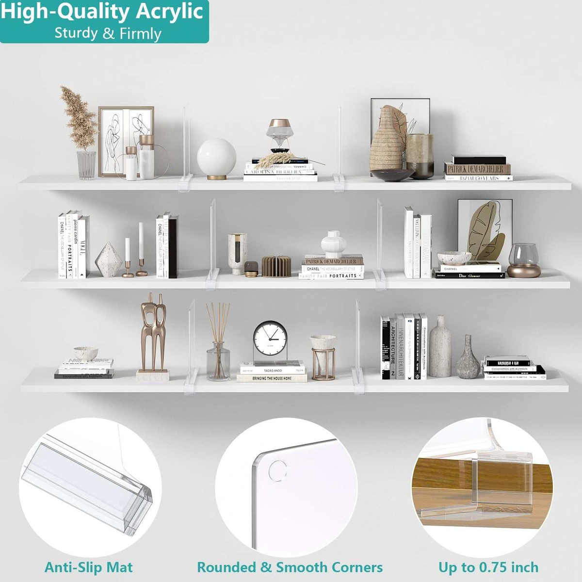 Shelf Dividers for Closet are clear acrylic clip-on organizers with smooth rounded corners and anti-slip mats