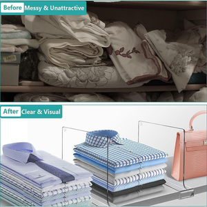 Shelf Dividers for Closet, clear acrylic clip-on panels separating neatly folded shirts and stacked clothing