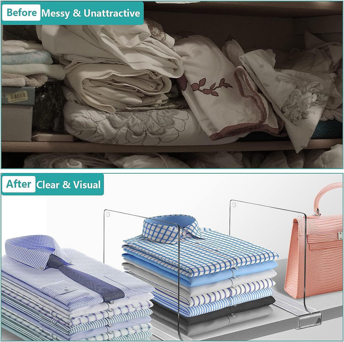 Shelf Dividers for Closet, clear acrylic clip-on panels separating neatly folded shirts and stacked clothing