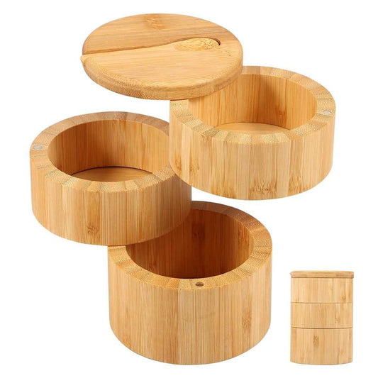 3-Tier Bamboo Salt Cellar with Magnetic Lid & Spoon