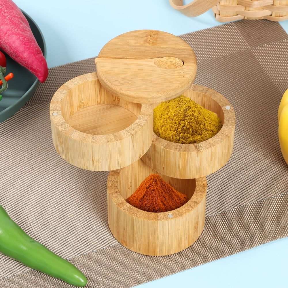 3-Tier Bamboo Salt Cellar with Magnetic Lid & Spoon