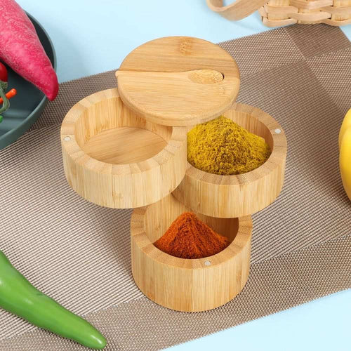 3-Tier Bamboo Salt Cellar with Magnetic Lid & Spoon
