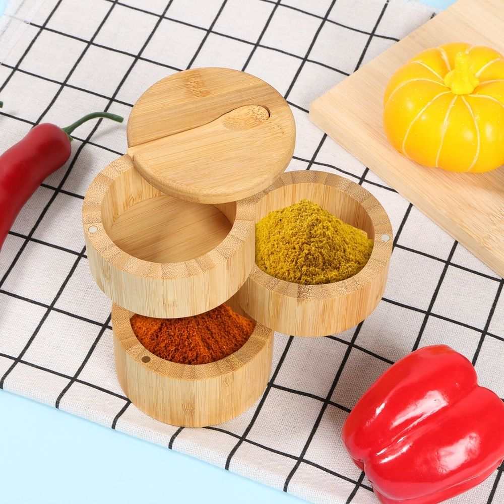 3-Tier Bamboo Salt Cellar with Magnetic Lid & Spoon