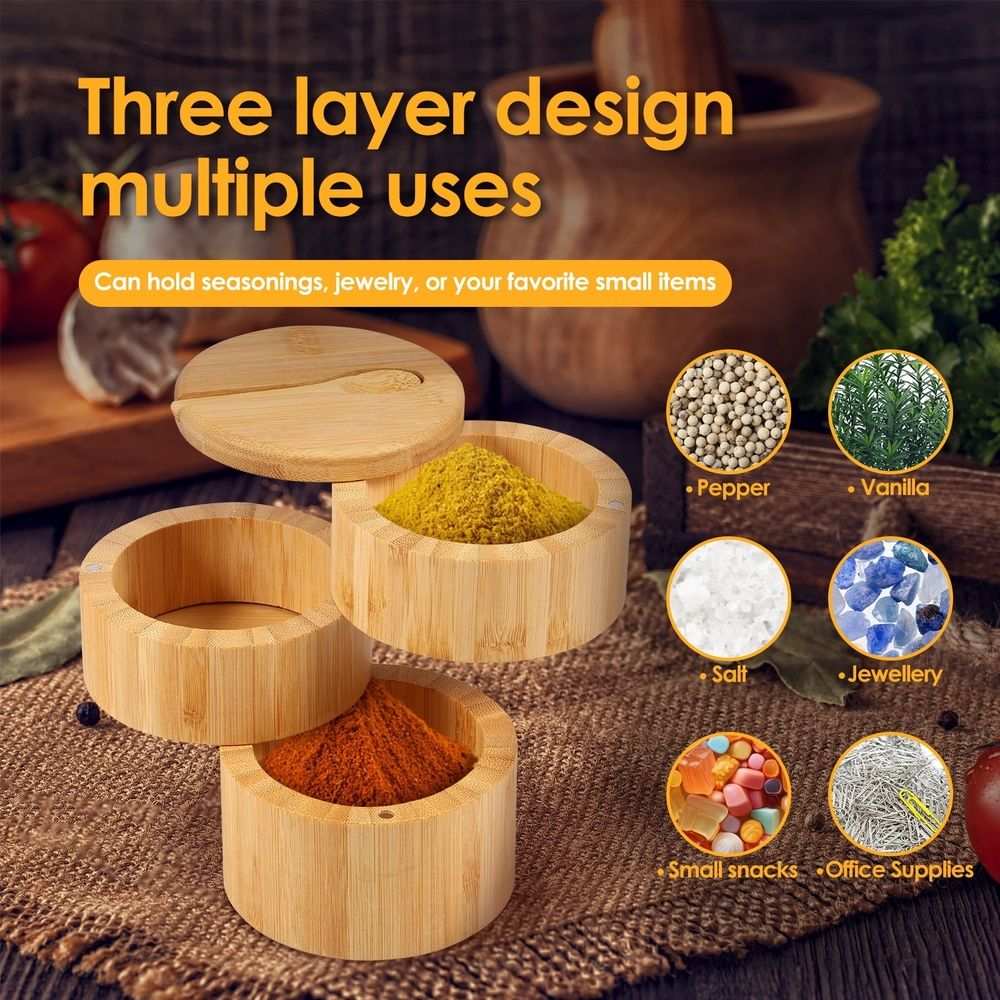 3-Tier Bamboo Salt Cellar with Magnetic Lid & Spoon