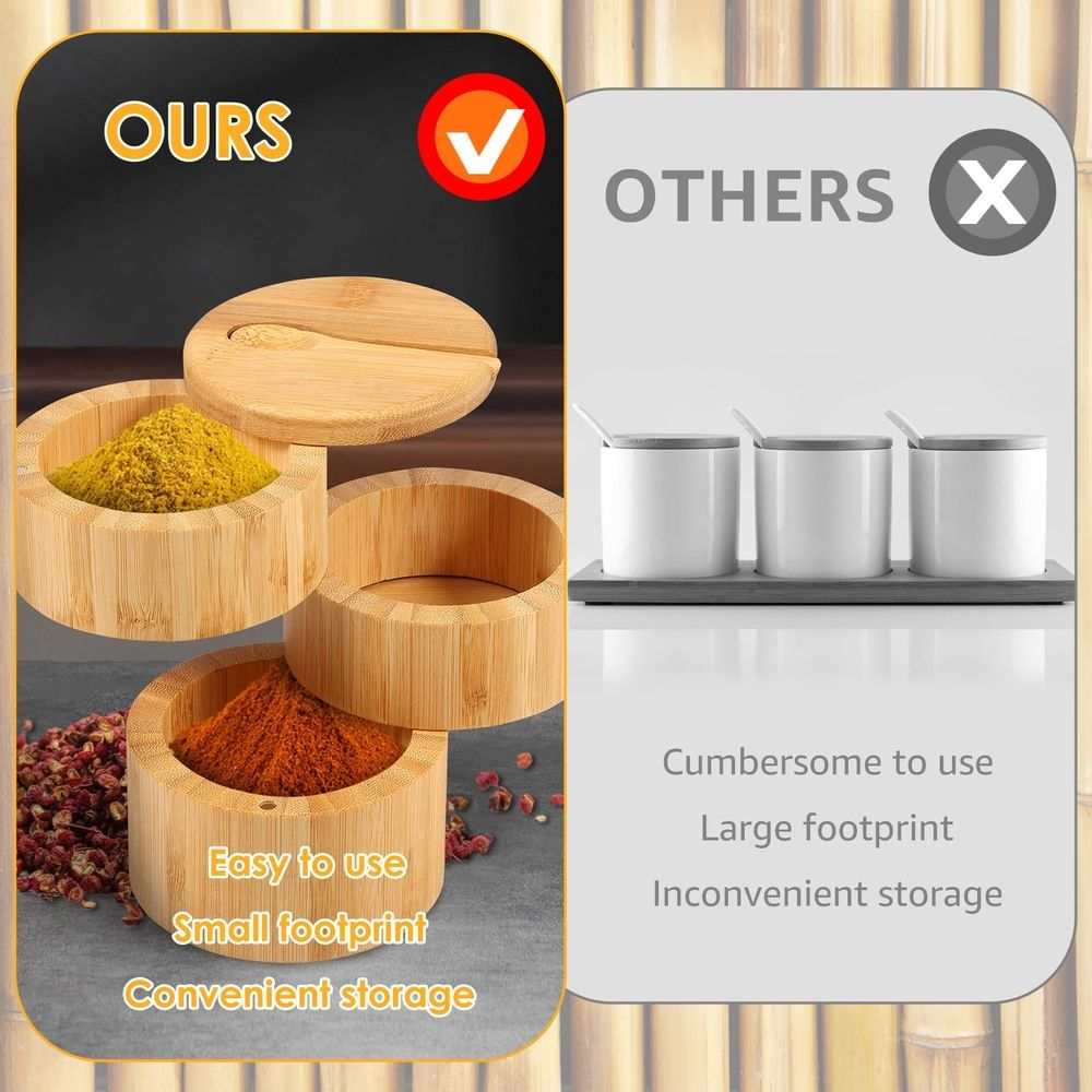 3-Tier Bamboo Salt Cellar with Magnetic Lid & Spoon
