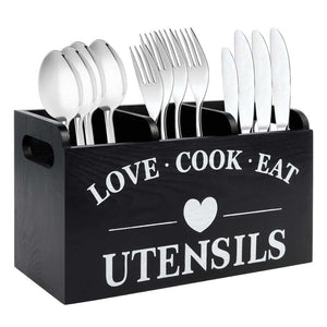 3-Compartment Wooden Cutlery Caddy with Handles