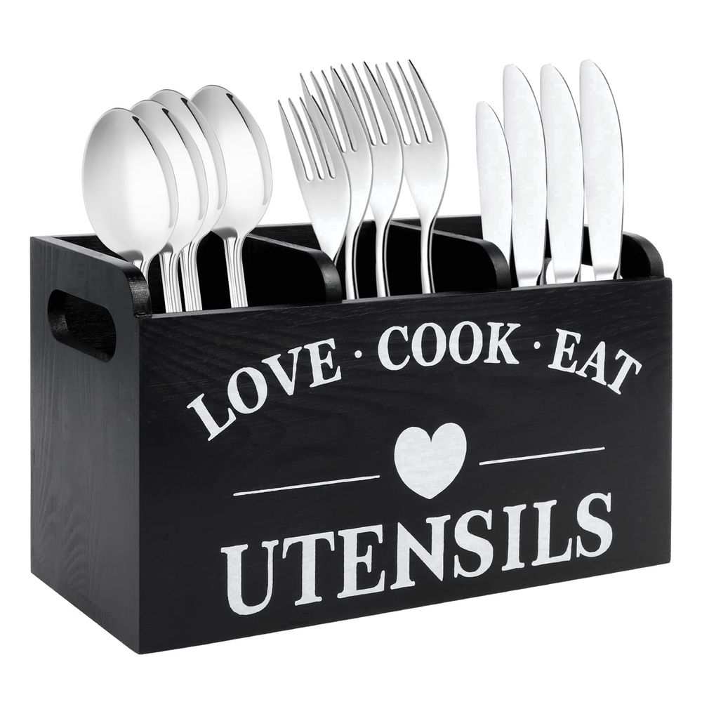 3-Compartment Wooden Cutlery Caddy with Handles