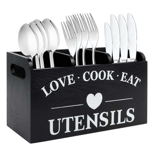 3-Compartment Wooden Utensil Holder in black wood, with three sections, side cutout handles and white lettering.