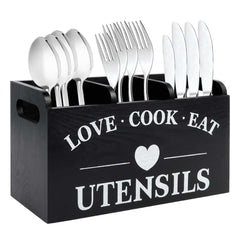 3-Compartment Wooden Cutlery Caddy with Handles
