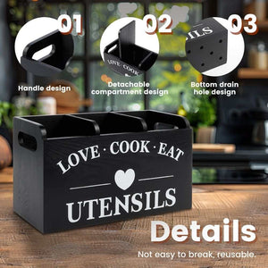 3-Compartment Wooden Cutlery Caddy with Handles