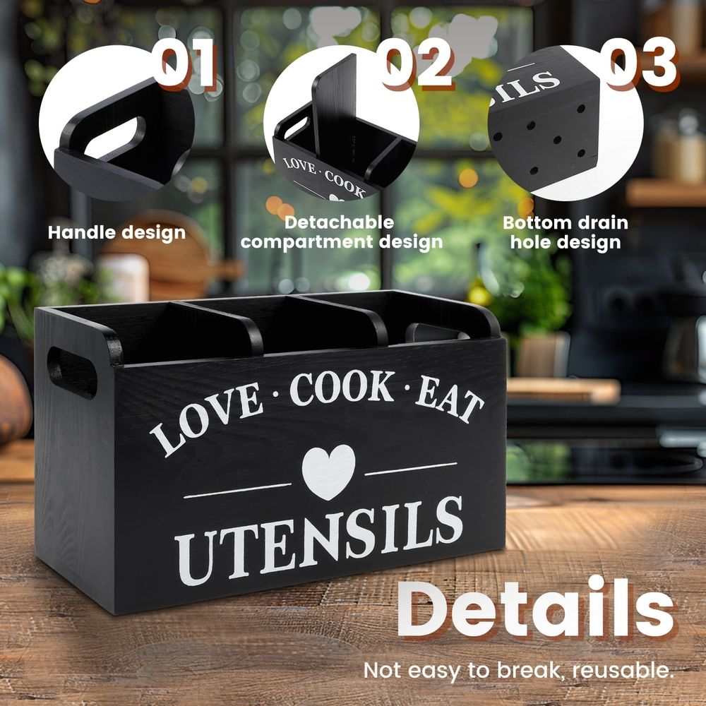 3-Compartment Wooden Cutlery Caddy with Handles