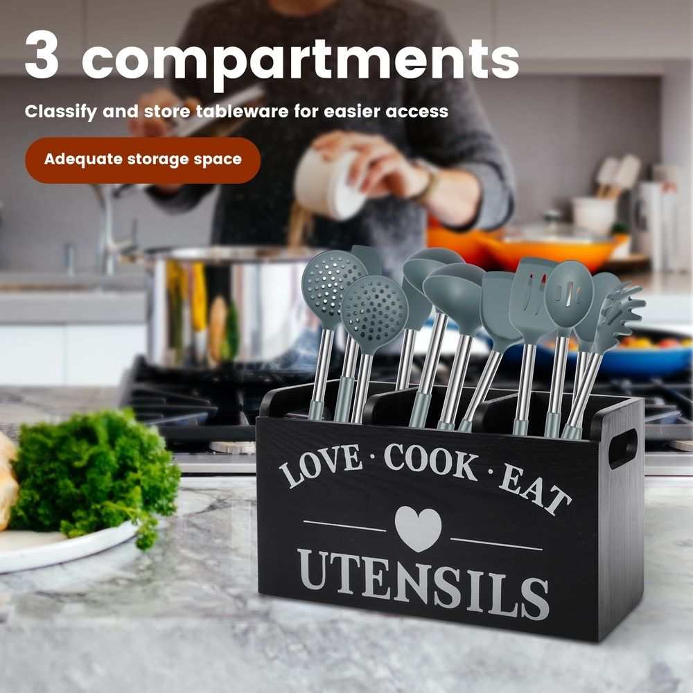 3-Compartment Wooden Cutlery Caddy with Handles