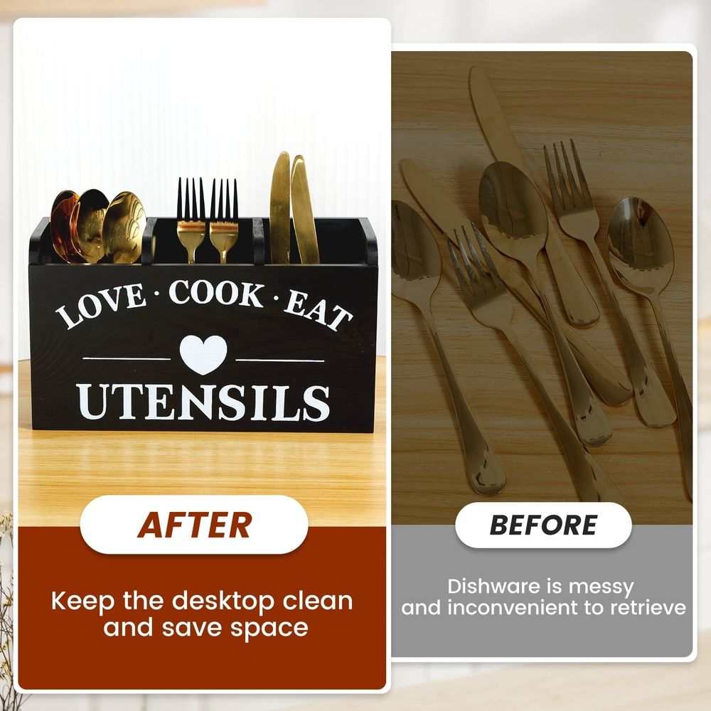 3-Compartment Wooden Cutlery Caddy with Handles