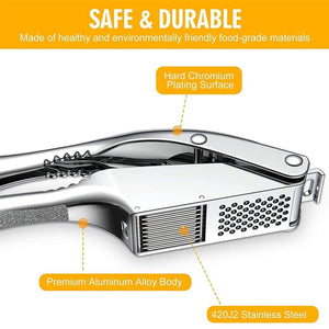 Garlic Press Garlic Press in shiny chrome-finished silver alloy with stainless steel crushing holes, slicing blades and textured handle