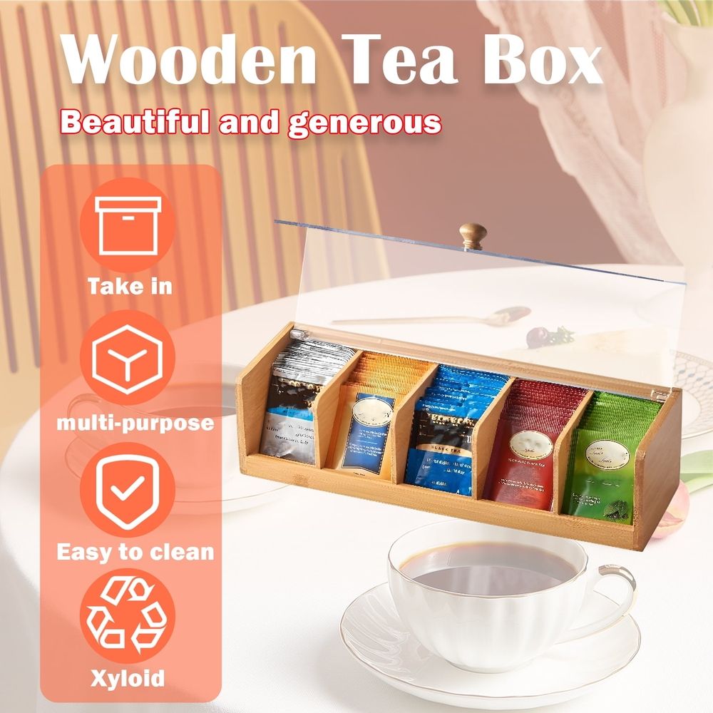 Tea Bag Organizer in natural bamboo with a clear hinged lid, showing five compartments filled with colorful tea packets