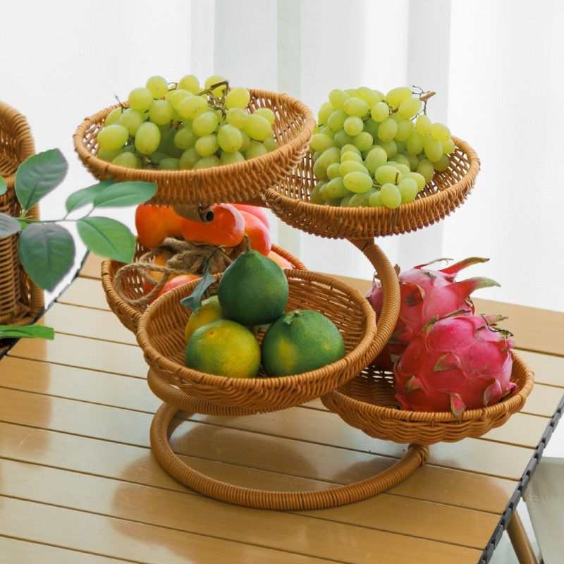 Three-Tier Rattan-Look Fruit Basket – Stripe, Large