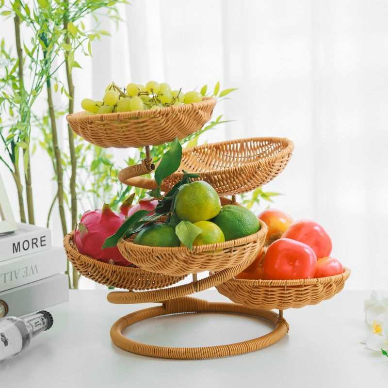 Three-Tier Rattan-Look Fruit Basket – Stripe, Large
