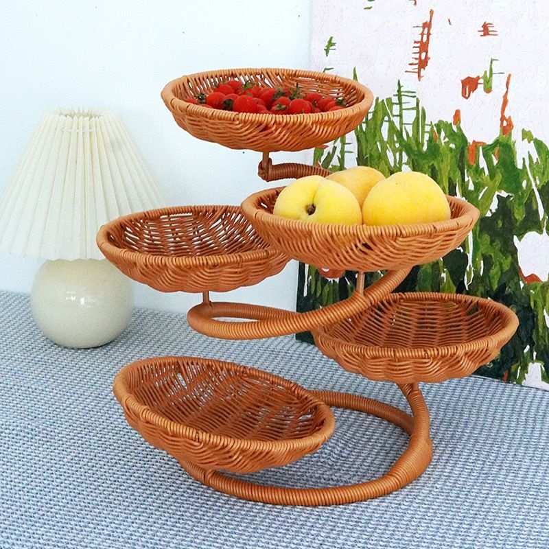 Three-Tier Rattan-Look Fruit Basket – Stripe, Large