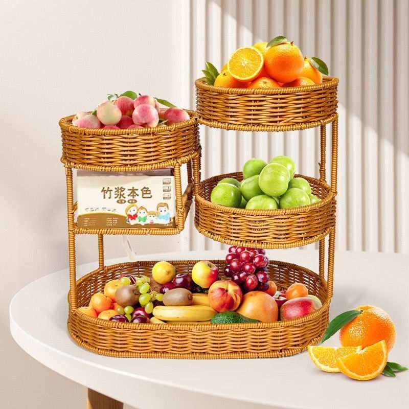 Multi-Tier Rattan-Look Fruit Basket – Light Brown, Large