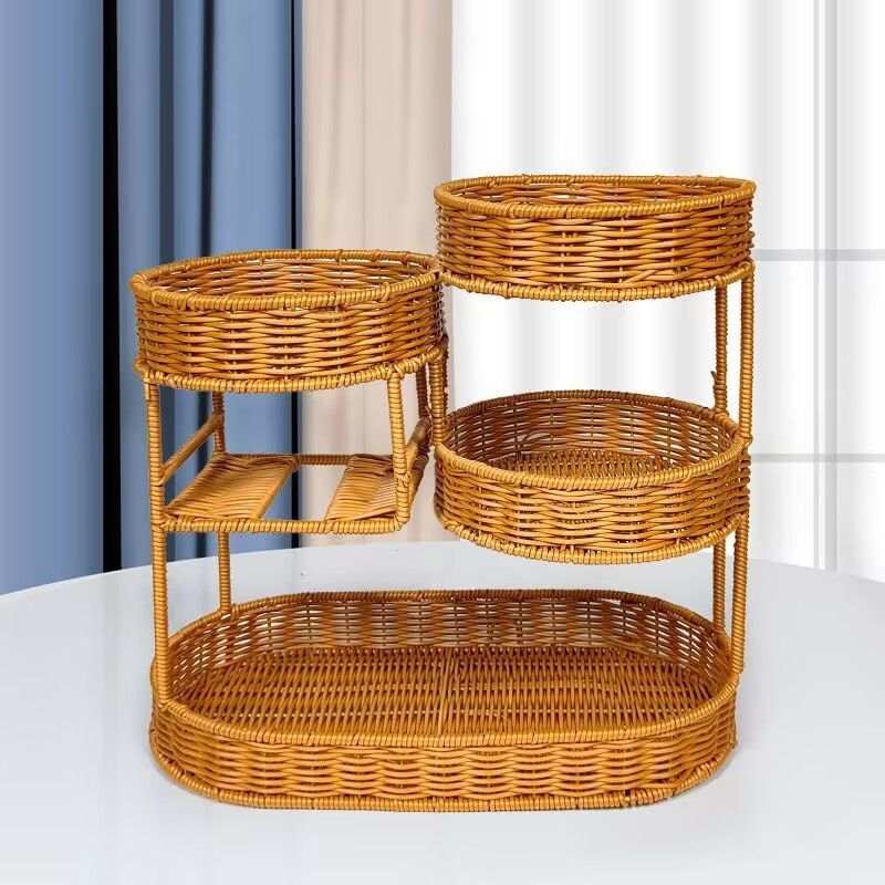 Multi-Tier Rattan-Look Fruit Basket – Light Brown, Large