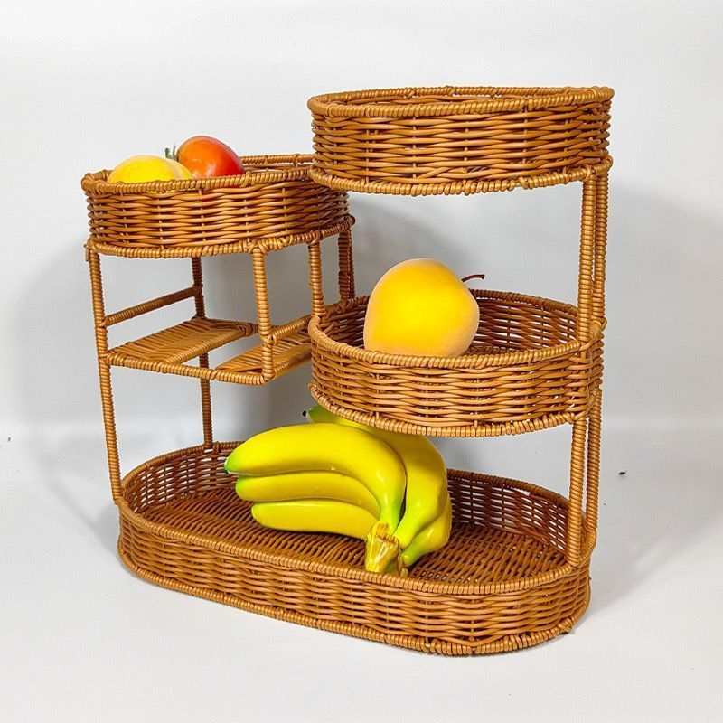 Multi-Tier Rattan-Look Fruit Basket – Light Brown, Large