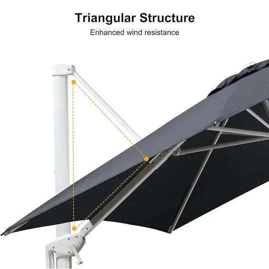 Grey 3m x 4m Cantilever Outdoor Umbrella with a dark grey canopy and reinforced triangular support structure