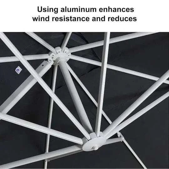 Grey 3m x 4m Cantilever Outdoor Umbrella with a dark grey canopy and sturdy silver aluminium support ribs