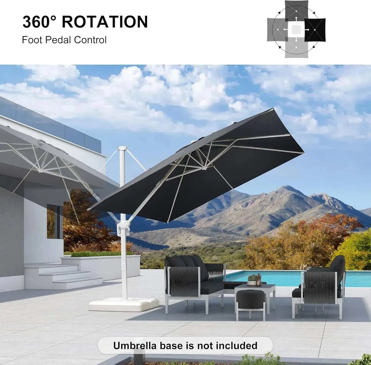 Grey 3m x 4m Cantilever Outdoor Umbrella with a dark grey rectangular canopy, white frame and 360° rotation