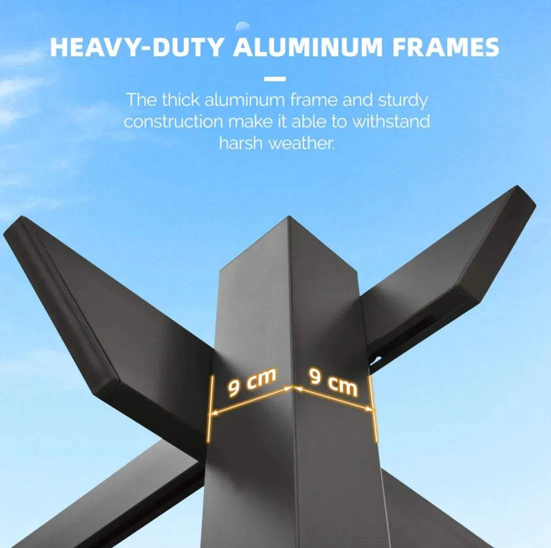 Outdoor Garden Pergola frame detail in dark grey powder-coated aluminium, showing thick intersecting beams and 9 cm support dimensions
