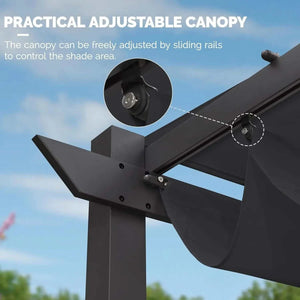 Outdoor Garden Pergola with a dark grey metal frame, adjustable sliding canopy rails, and visible locking hardware detail.
