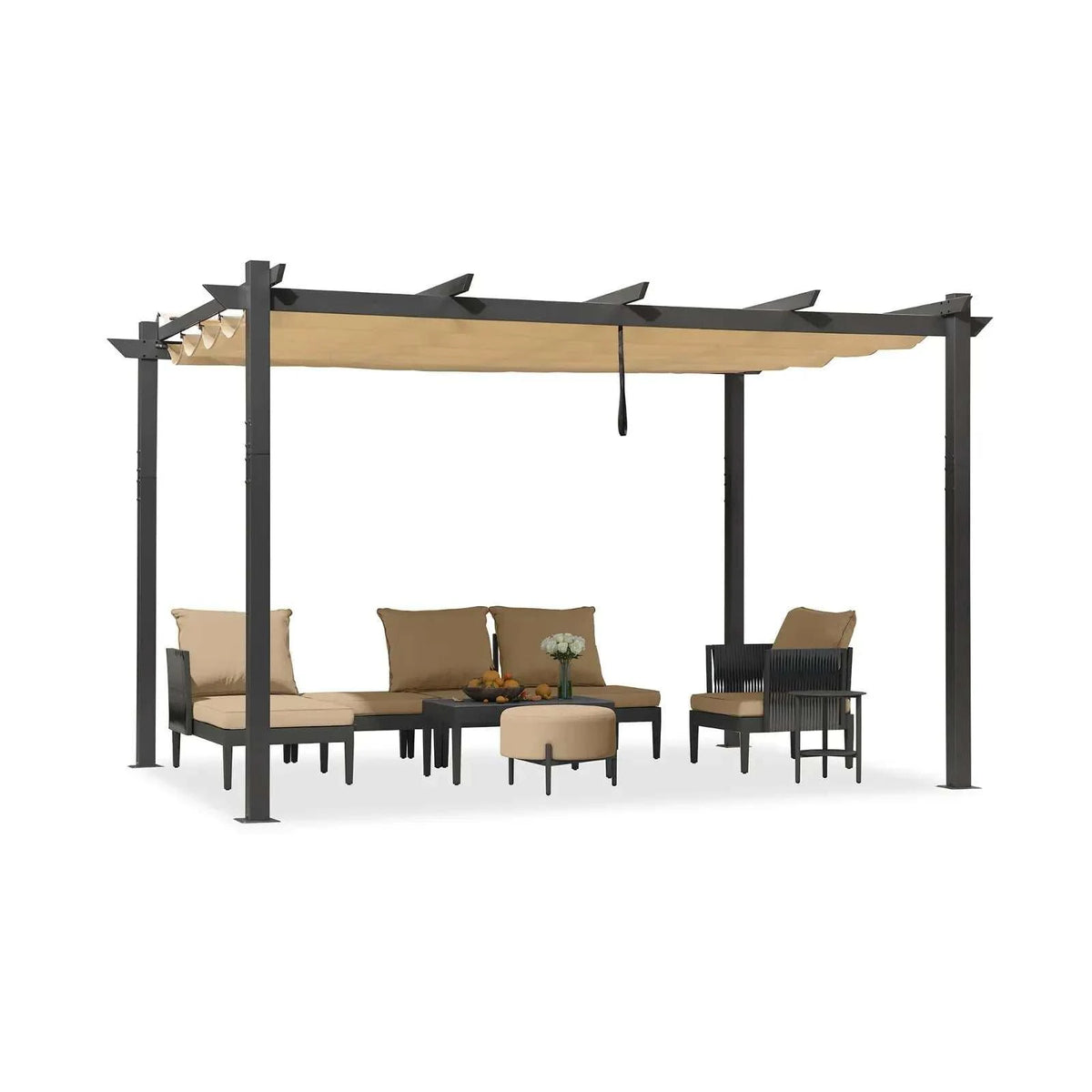 Outdoor Garden Pergola with a dark grey metal frame and beige retractable canopy, shown with coordinated patio seating