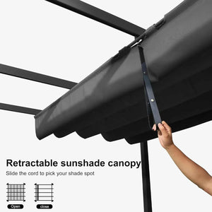 Outdoor Garden Pergola with a dark grey retractable fabric canopy, shown with a strap for adjusting the shade position