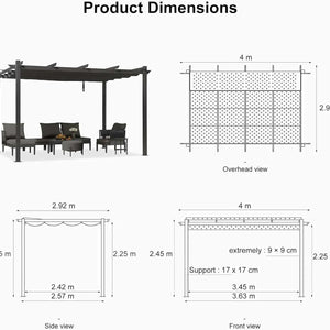 Outdoor Garden Pergola in dark grey with a slatted canopy and sturdy posts, shown with product dimension diagrams.