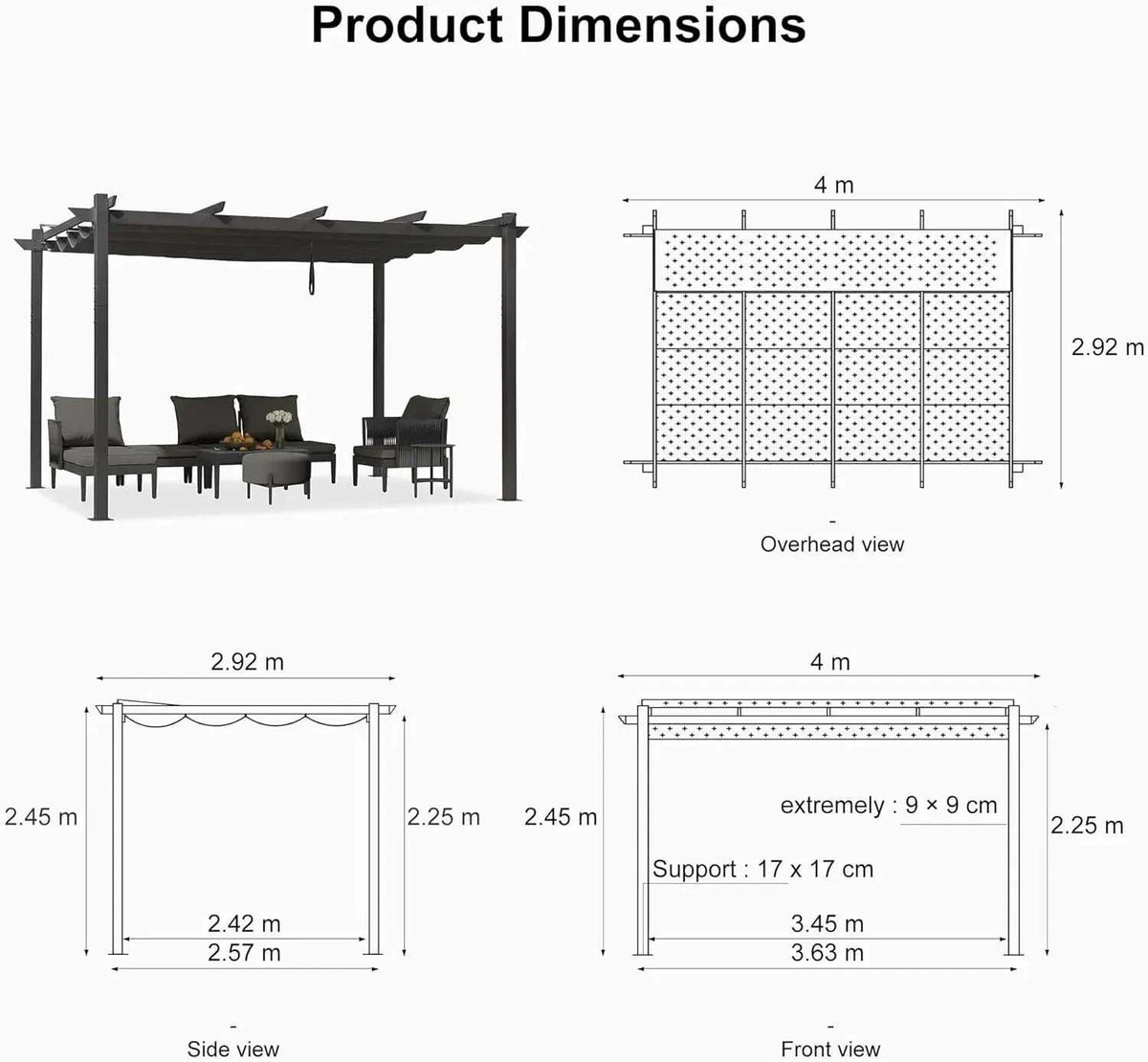 Outdoor Garden Pergola in dark grey with a slatted canopy and sturdy posts, shown with product dimension diagrams.