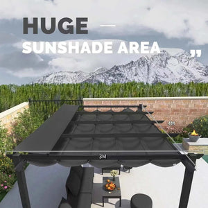 Outdoor Garden Pergola with a dark grey aluminium frame, black fabric canopy and inclined top, shown with 3m by 4m dimensions