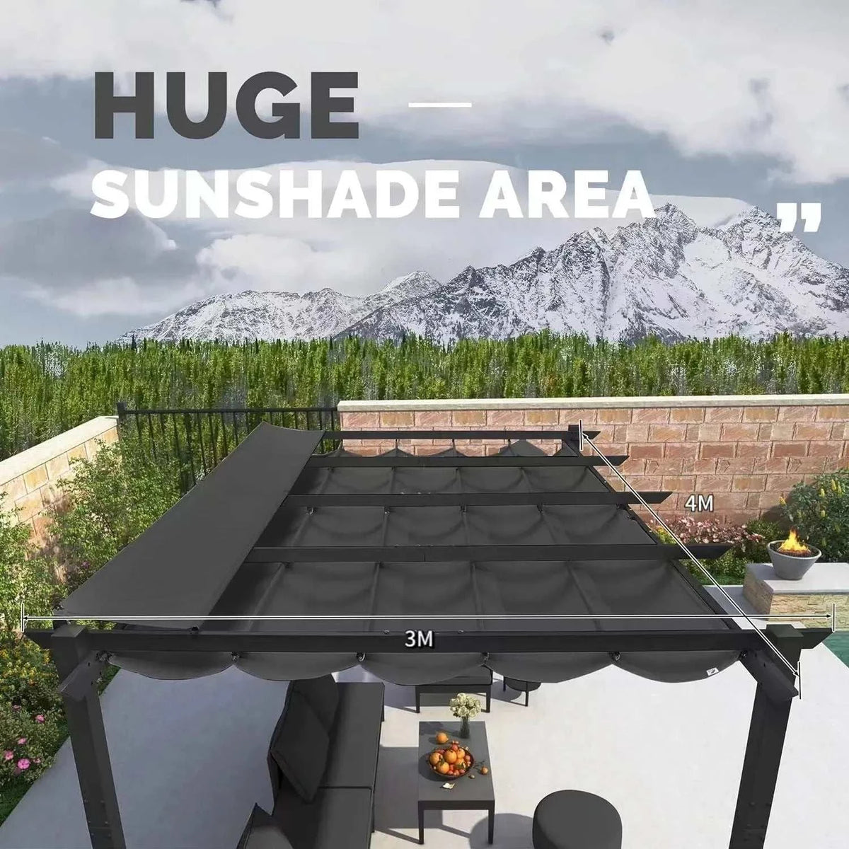Outdoor Garden Pergola with a dark grey aluminium frame, black fabric canopy and inclined top, shown with 3m by 4m dimensions
