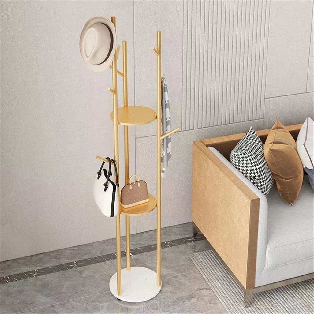 Marble & Metal Coat Rack with a slim gold metal frame, white marble base, tiered shelves and multiple hooks.
