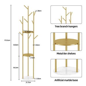 Marble & Metal Coat Rack with a gold metal tree frame, branch hangers, tier shelf and white artificial marble base