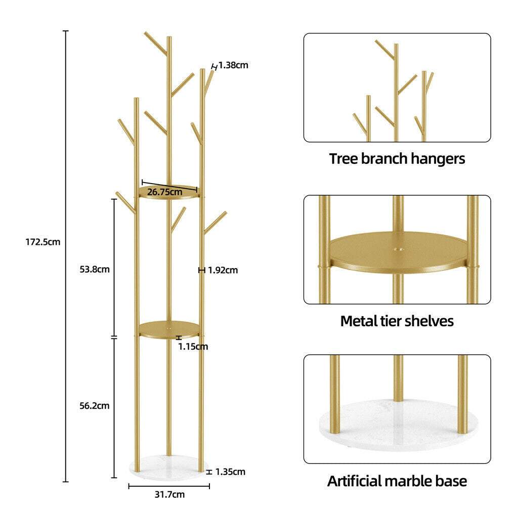Marble & Metal Coat Rack with a gold metal tree frame, branch hangers, tier shelf and white artificial marble base