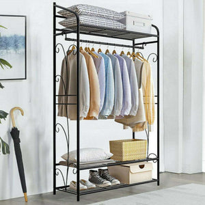 Extra Large Iron Clothes Rack in black metal with a hanging rail, three shelves, curved side details and storage baskets