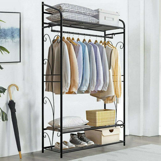 Extra Large Iron Clothes Rack in black metal with a hanging rail, three shelves, curved side details and storage baskets
