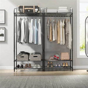 Extra Large Iron Clothes Rack in black metal with two hanging rods, wire shelves, and clothes, shoes and bags