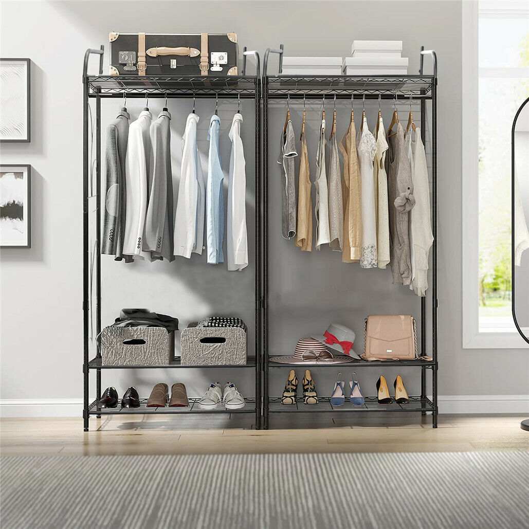 Extra Large Iron Clothes Rack in black metal with two hanging rods, wire shelves, and clothes, shoes and bags